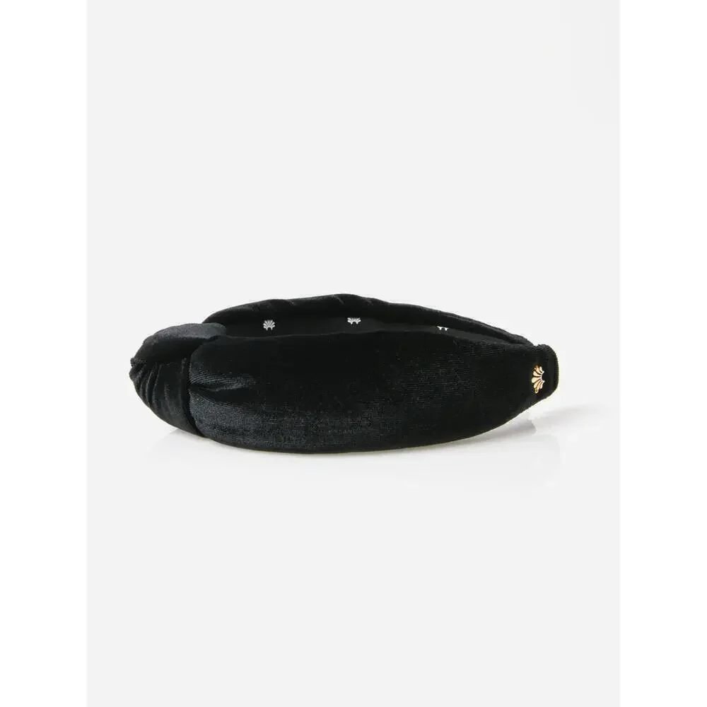Lele Sadoughi Jet Black Velvet Knotted Headband Gold Logo NWT